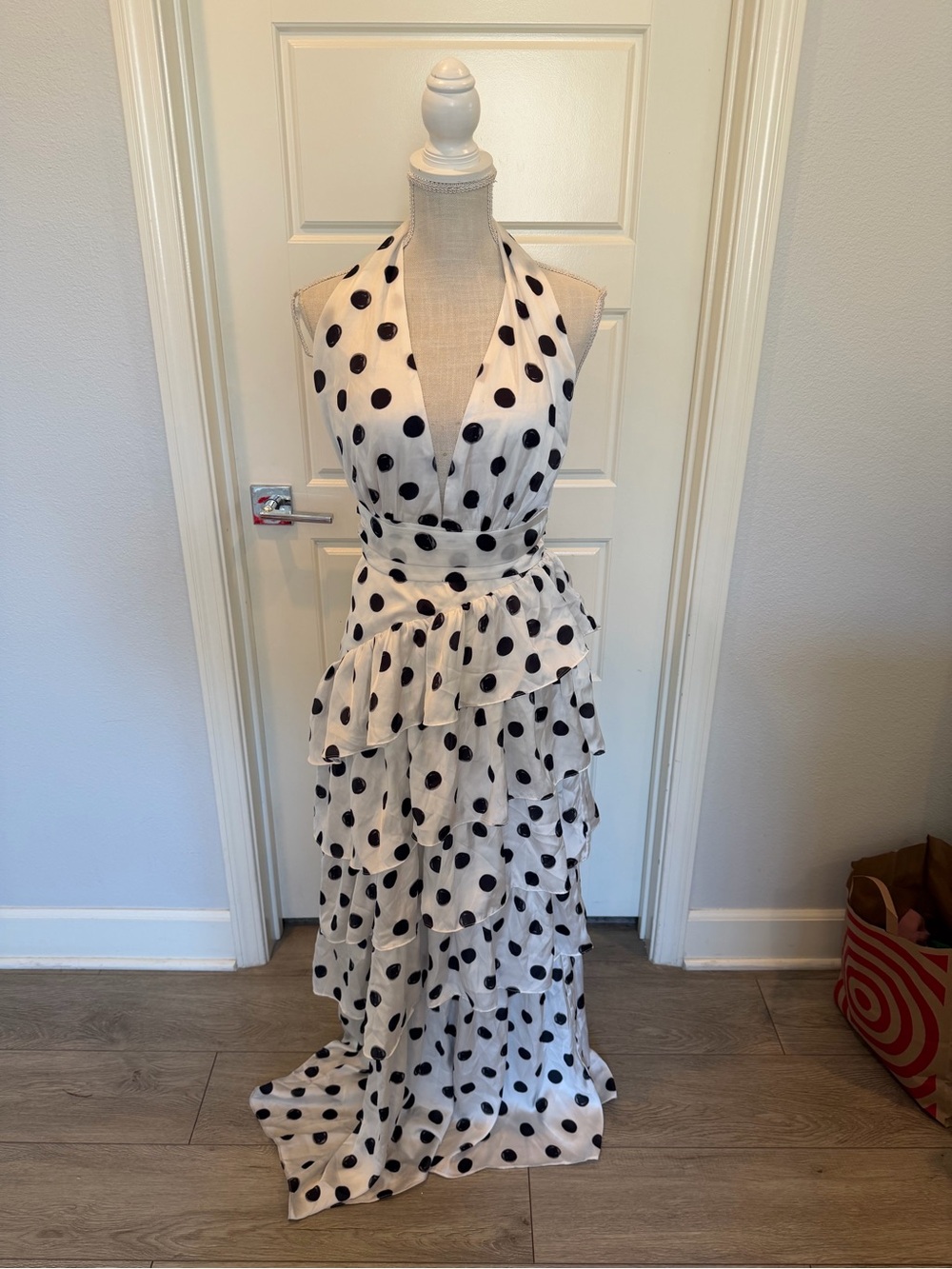 PrettyLittleThing White and Black Polka Dot Halter Ruffle Maxi Dress